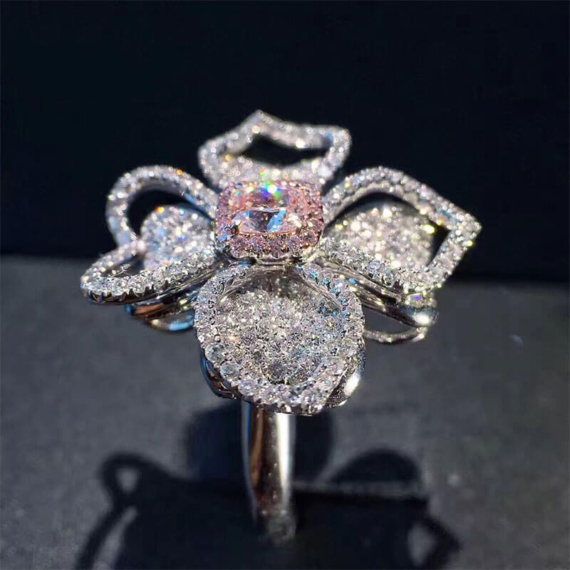 Full-diamond Fashionable and Luxurious Small Fragrance Group Inlaid Pink Diamond Flower Ring