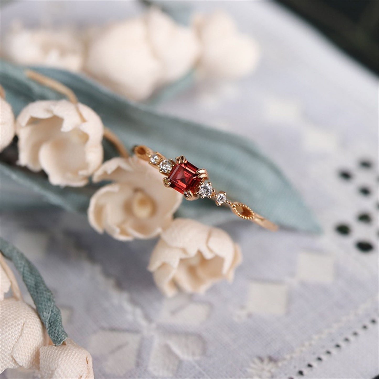 Dainty Square Garnet Gold Minimalist Ring