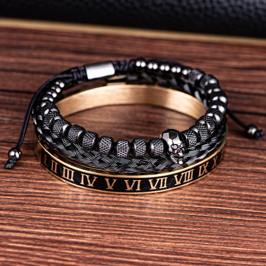 3pcs/Set Skull Stainless Steel Oil Dropped Roman Numeral Bracelet Set