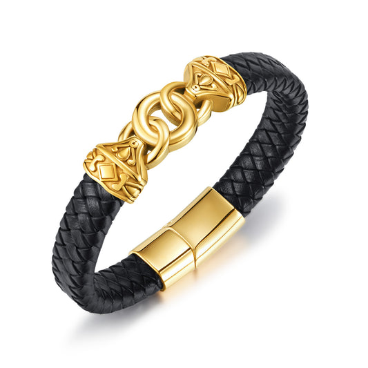 Men's Stainless Steel Ring Simple Woven Leather Bracelet