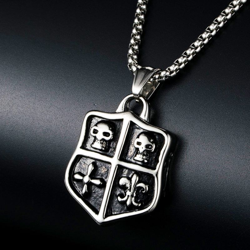 Stainless Steel Men's Punk Skull Shield Pendant Necklace, Fashionable Gothic Style, 23.6in Chain, 1.38in Pendant