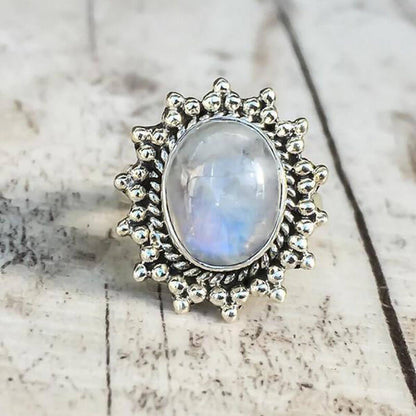 Big Oval Cut Moonstone Halo Sunflower Ring