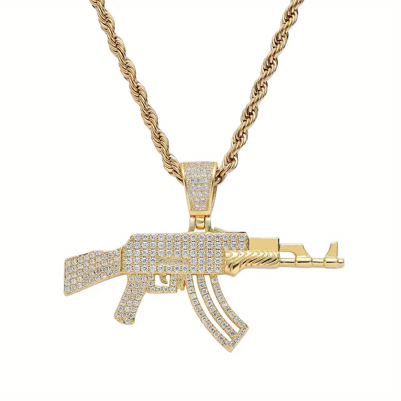 AK47 Iced Rifle Pendant 14K Golden Plated Pendant Necklace