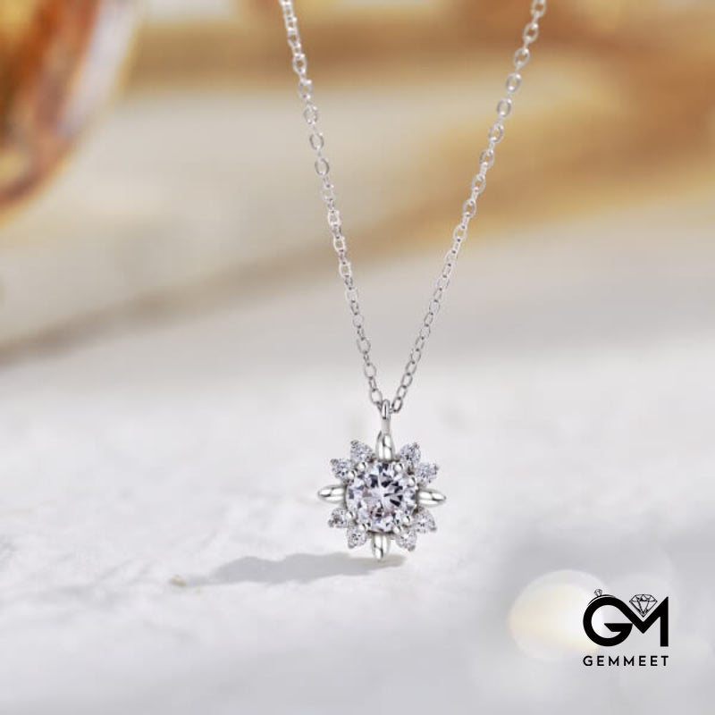 S925 Sterling Silver Sunflower Round Zircon Necklace