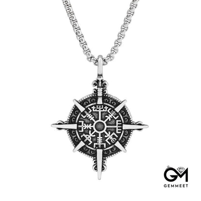 Vintage Stainless Steel Compass Rune Necklace