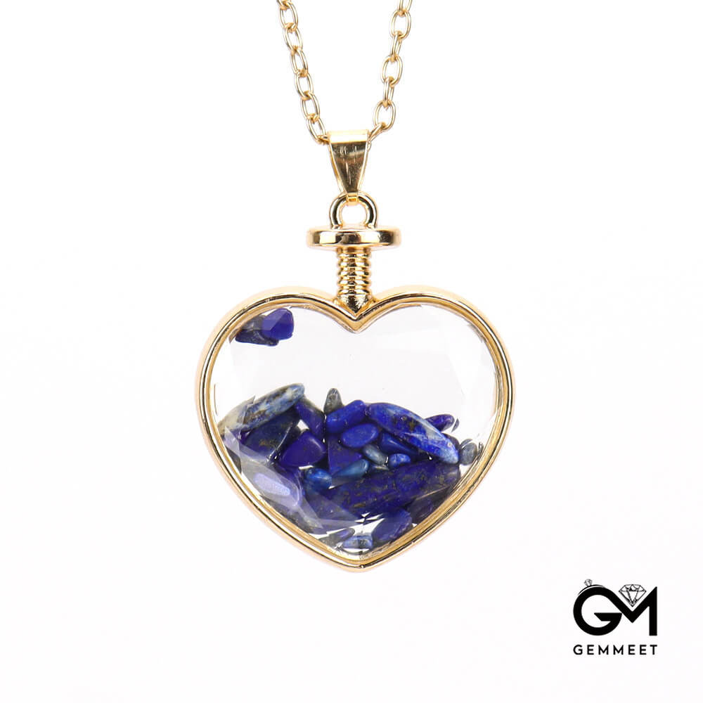 Crushed Stone Heart-shaped Glass Box Pendant Necklace