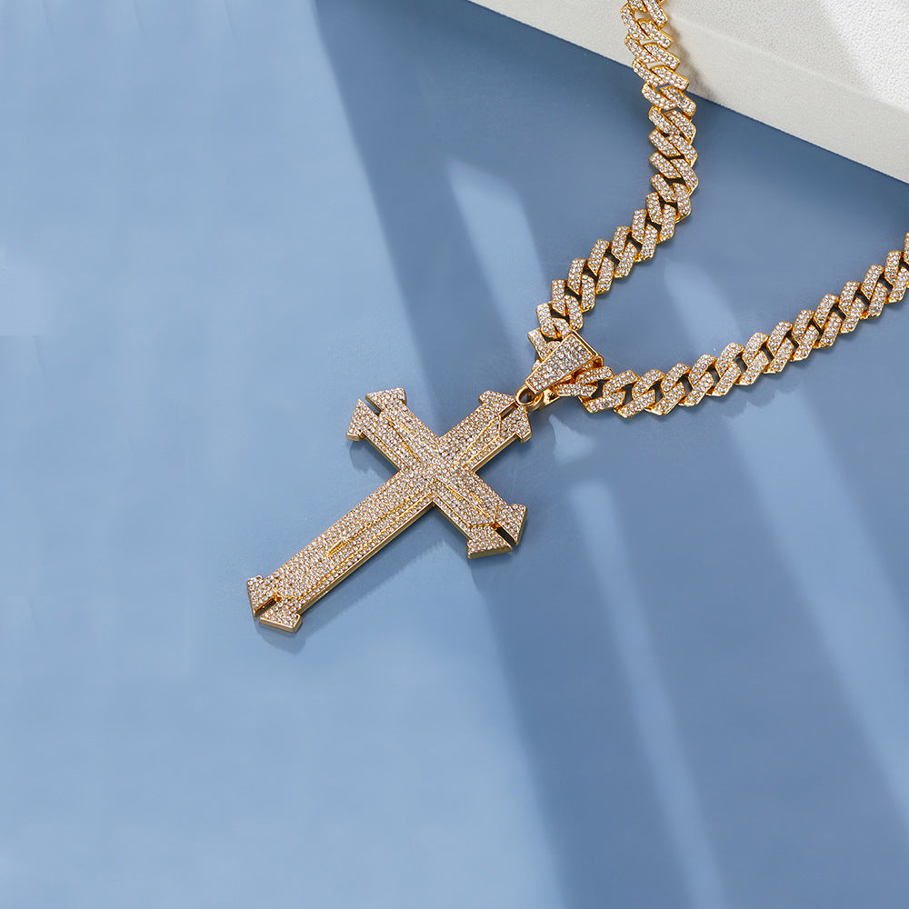 1pc Bold Flashy Cuban Necklace With Cool Cross Pendant, Hip-hop Style Pendant Necklace