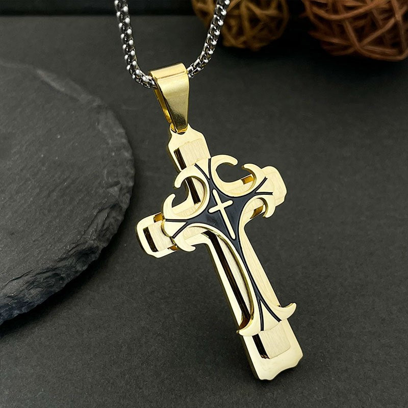 Stainless Steel Cross Pendant Necklace, 3D Vintage Fashion, 2.55" x 1.33" with 23.6" Chain, Stylish Religious Jewelry for Men and Women