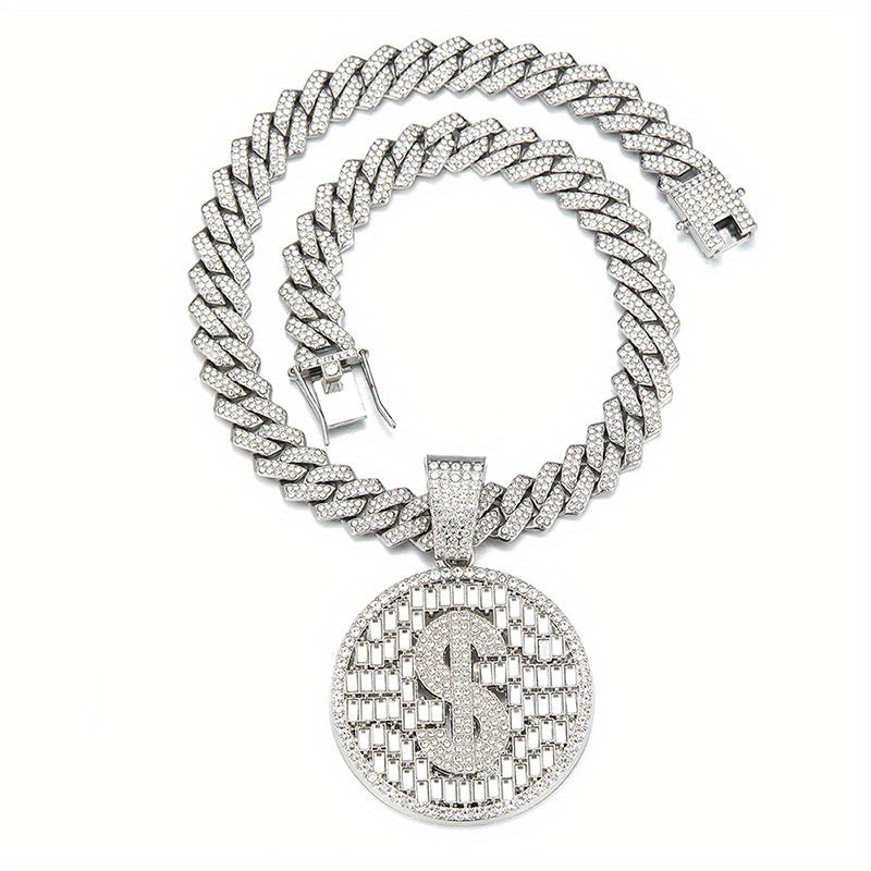 Hip Hop Iced Out Dollar Sign Shield Pendant Necklace with 20 inch Cuban Link Chain, Cool Punk Style Full Zirconia Jewelry, 5.5cm Pendant, Options