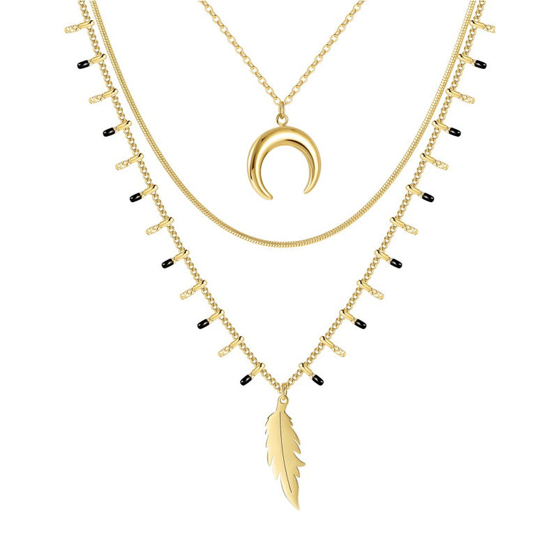 Three-layer Clavicle Chain Moon Feather Necklace