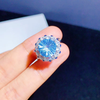 Simple Hearts and Arrows Imitation Natural Blue Topaz Ring Five Carat Ice Flower Cut Color Treasure Ring