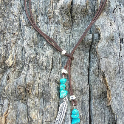 Turquoise Leather Cord Alloy Feather Pendant Necklace