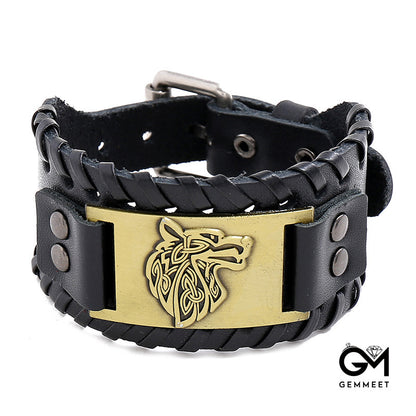 Nordic Wolf Head Leather Bracelet