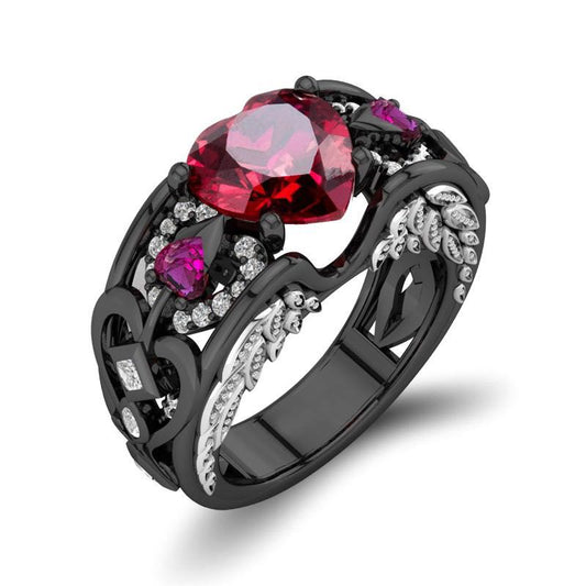 Black Gold Heart Shape Red Stones Love Couple Rings