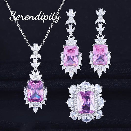 Luxury Color Treasure Set Inlaid Princess Square Diamond Argyll Pink Ring Pink Diamond Earrings Pendant Necklace