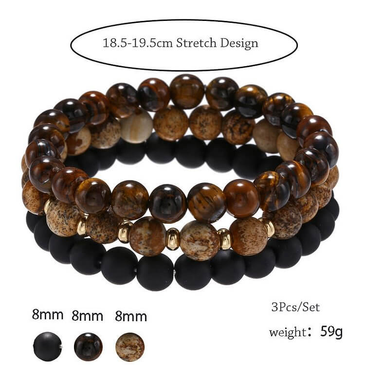 3Pcs Picture Jasper Tiger Eye Black Onyx Beaded Bracelets