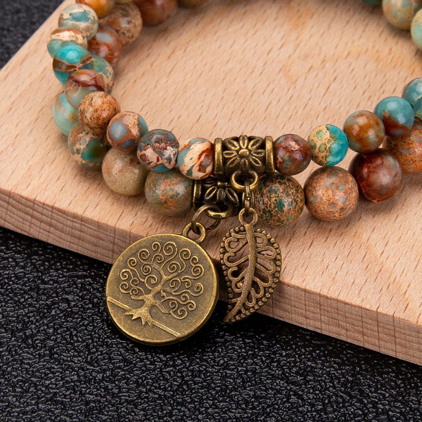 Life of Tree & Leaf Symbol Stone Bead Bracelet