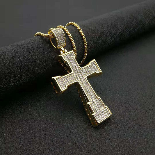 Hip Hop Cross Rectangular Gold Plated Full Zirconia Pendant