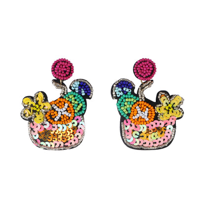 Halloween Funny Pumpkin Handmade Rice Beads Sequin Flower Earrings