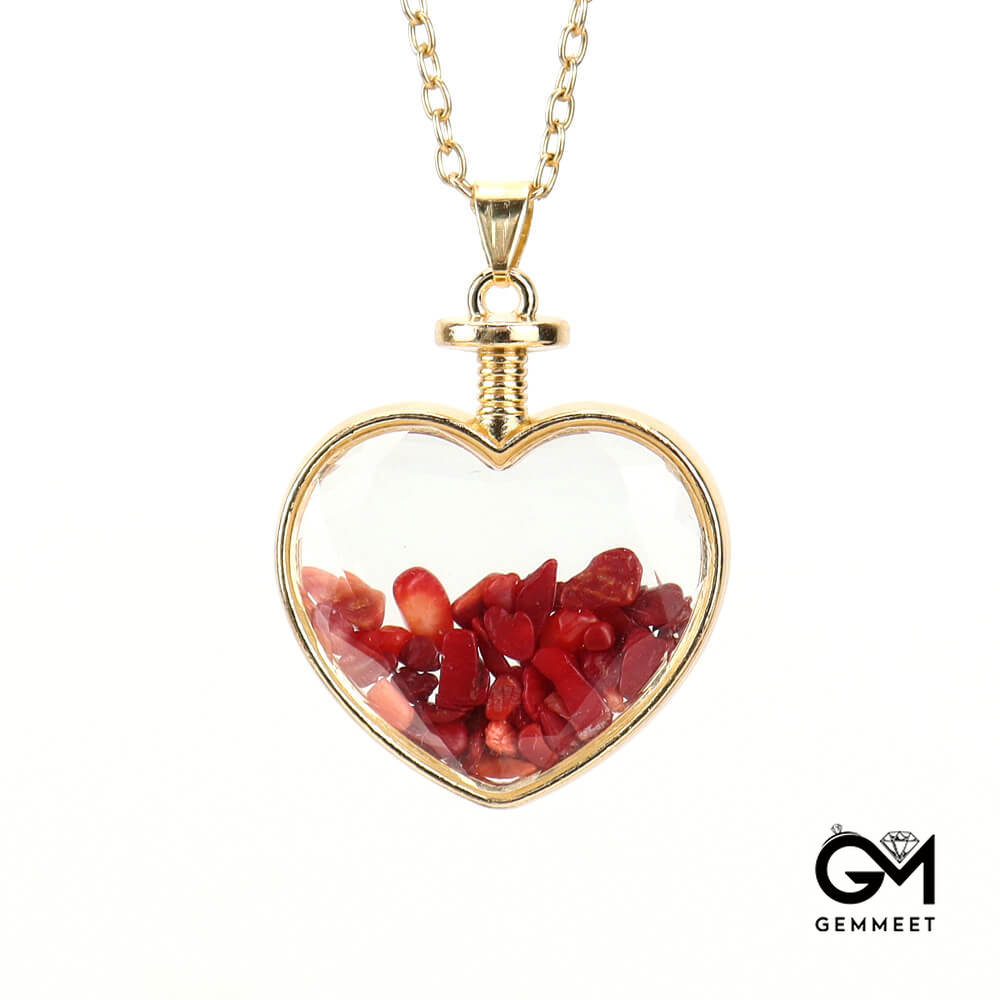 Crushed Stone Heart Glass Box Pendant Necklace