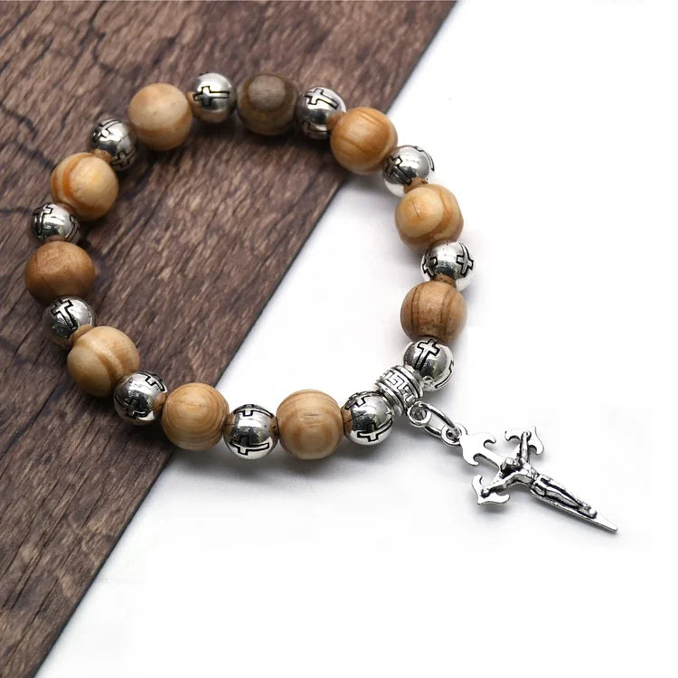 Handmade Jerusalem Cross Wooden Beads Bracelet