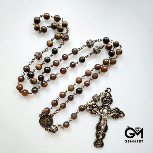 Grade A Tiger Eye Cross Pendant Rosary Necklace