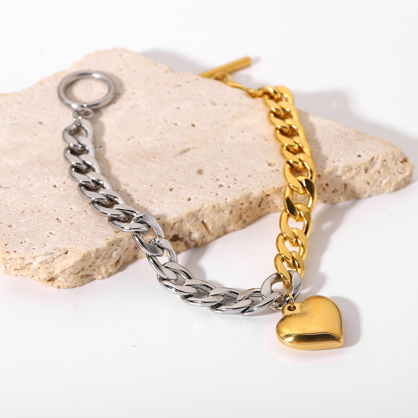 Stainless Steel Half-steel Spliced Heart Bracelet