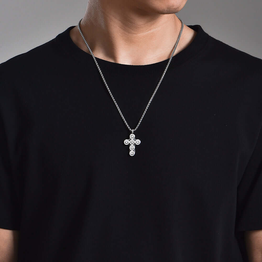 Round Smiling Face Sterling Silver Cross Pendants Necklace