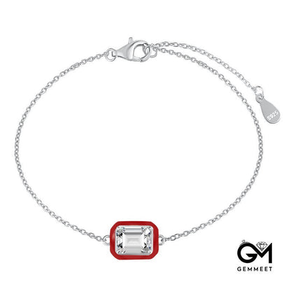 S925 Sterling Silver Red Rubber Drop Rectangular Zircon Bracelet