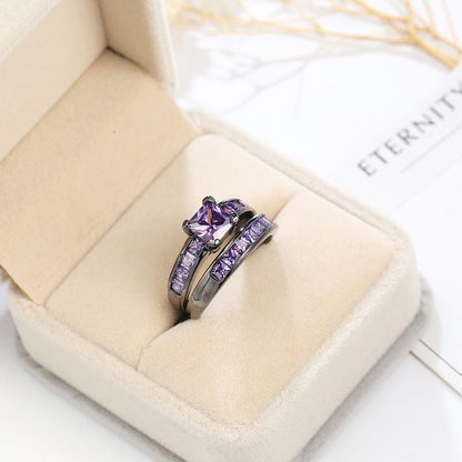 Black Gold Double Layer Purple Stones Love Couple Rings