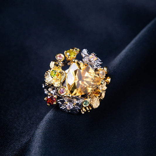 Palace Wind Craftsmanship Bright High-end Open Ring Imitation Natural Citrine Colored Gemstone Ring