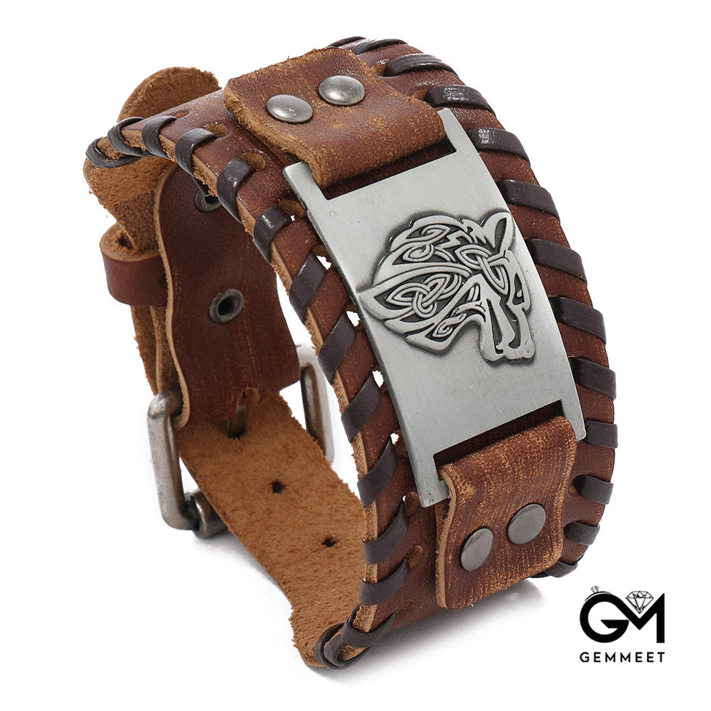 Nordic Wolf Head Leather Bracelet