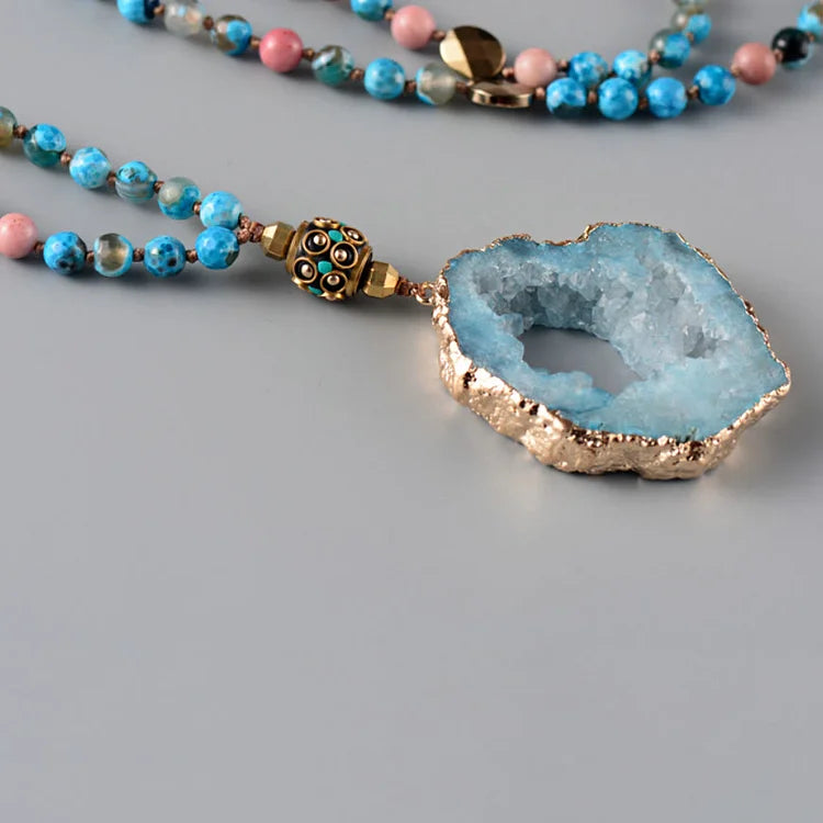 Natural Aquamarine Lepidolite Crystal Mala Bead Necklace