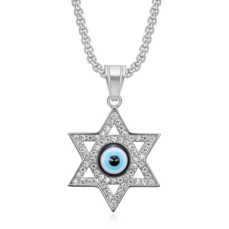 Hip Hop Gold Plated Zirconia Blue Eye Hexagram Pendant