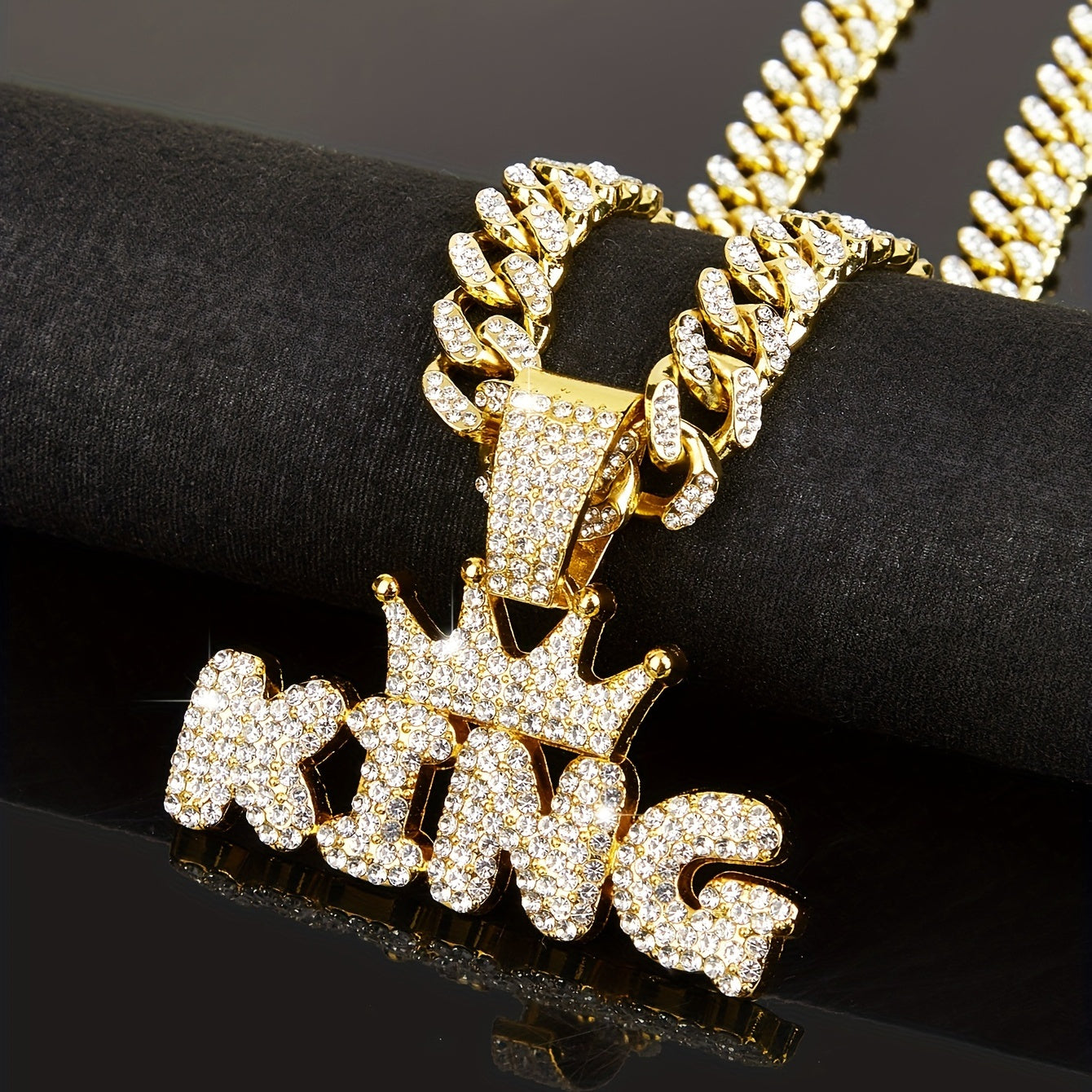 Men's Bold King Crown Rhinestone Pendant Necklace