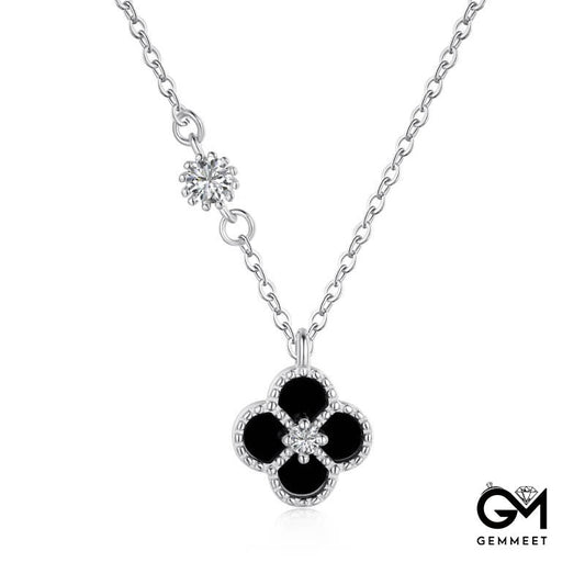 S925 Sterling Silver Four-leaf Clover Black Agate Necklace