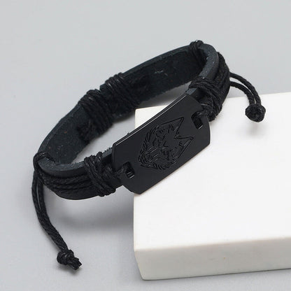 Punk Leather Black Wolf Head Woven Layered Bracelet