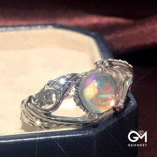 Hollow White Swan Colorful Moonstone Ring