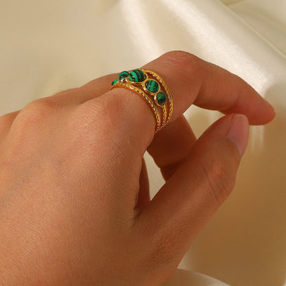 French Vintage Natural Stone 5 Malachite Hollow Ring