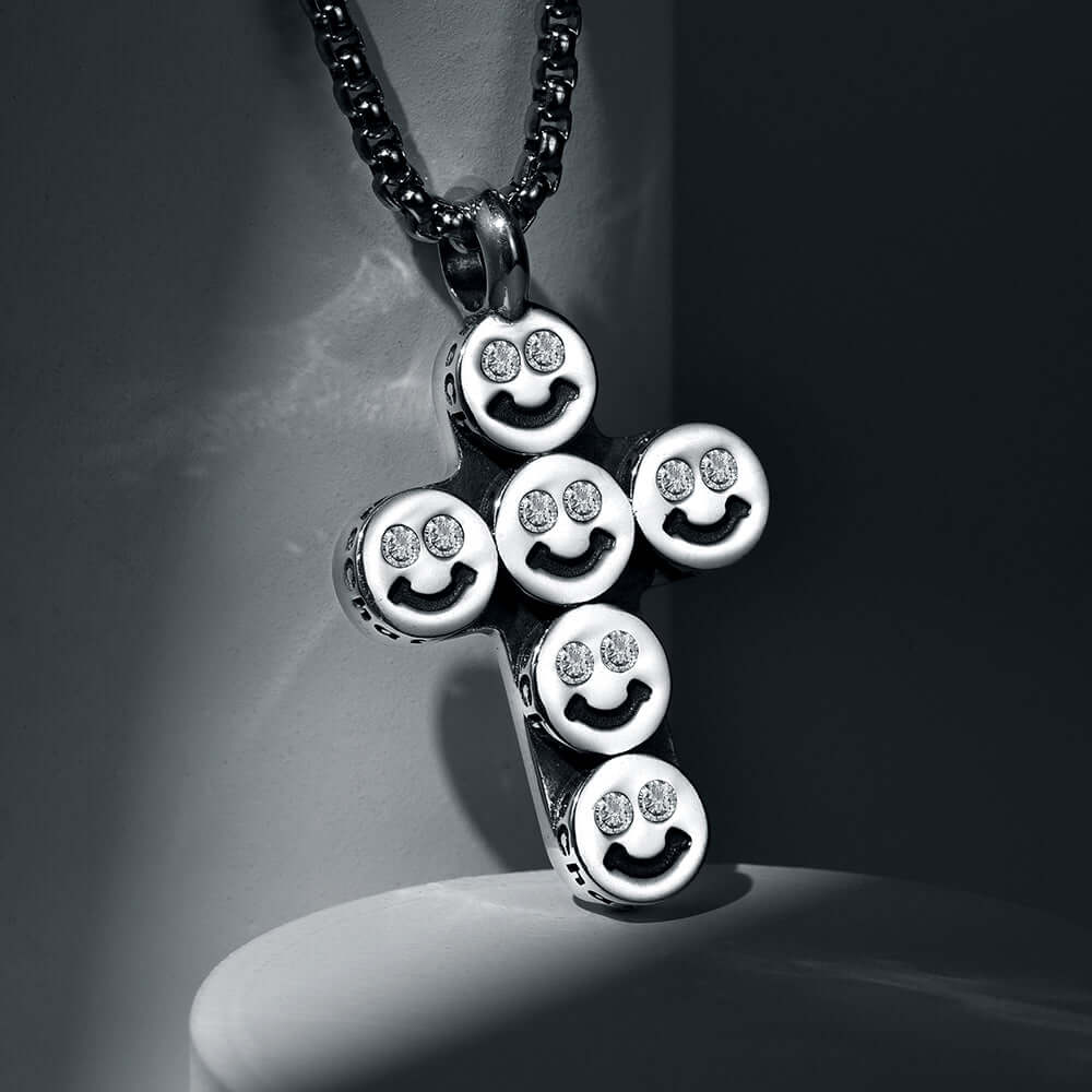 Round Smiling Face Sterling Silver Cross Pendants Necklace