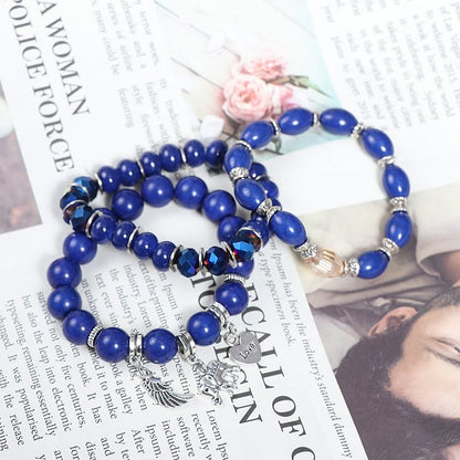 Elephant Wings Heart Pendant Sodalite Beaded Bracelet Set