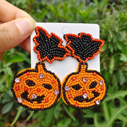 Halloween Funny Pumpkin Head Handmade Rice Bead Earrings