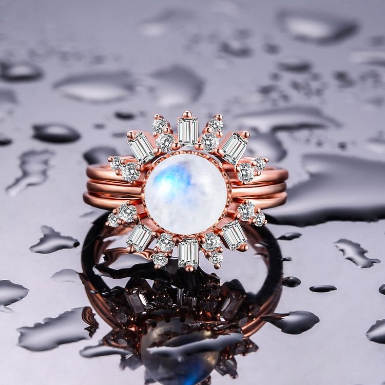 White Zircon Moonstone Sunflower Design Layered Ring