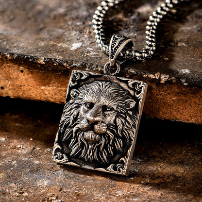 Sterling Silver Square Male Lion Pendants Necklace