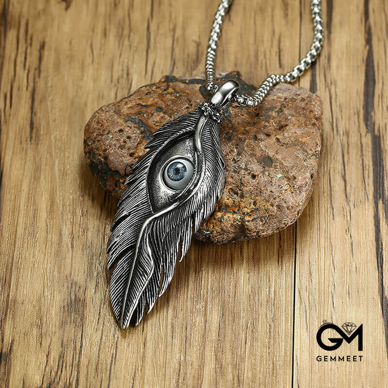 Stainless Steel Eye Feather Pendant Necklace