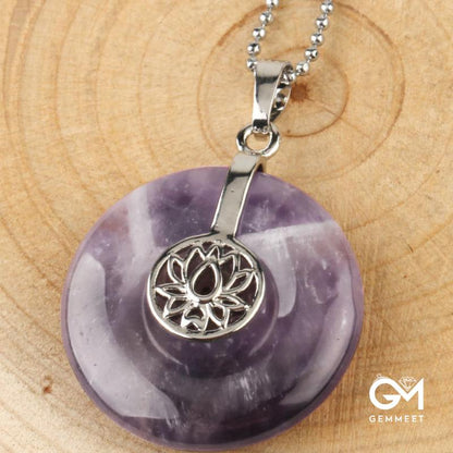 Pink Crystal Lotus Peace Button Pendant Necklace