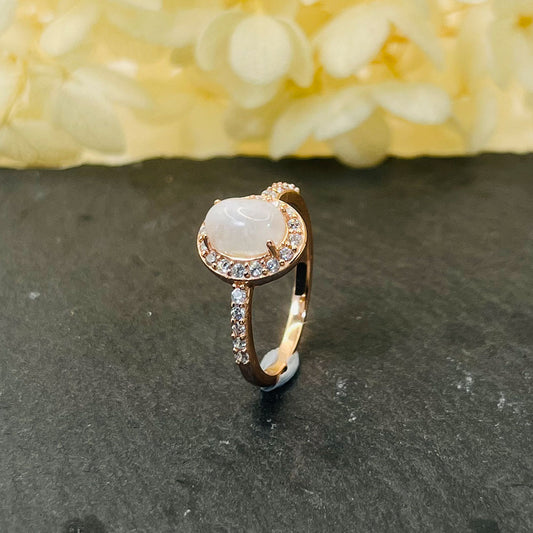 Oval Cut Rose Golden Moonstone Halo Ring