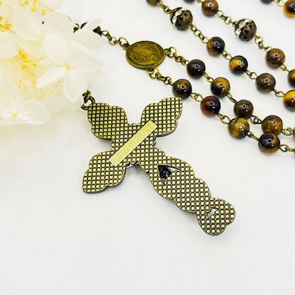 Tiger Eye Cross Pendant Rosary Necklace