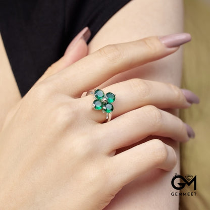 S925 Green Zircon Four-leaf Clover Octet Star Ring