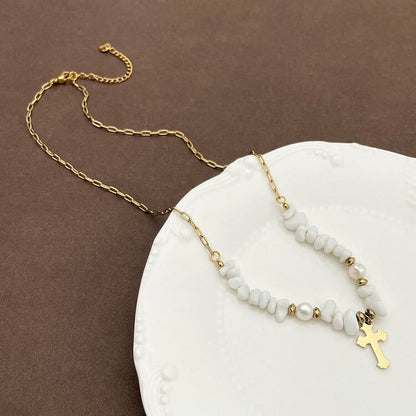 "Blessing Of Peace" Cross Irregular White Jade Necklace